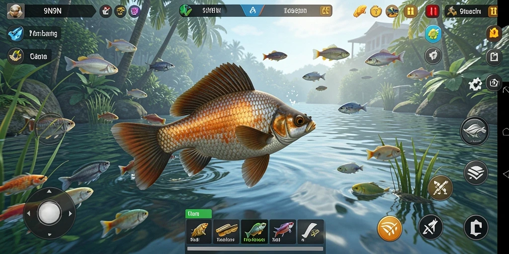 Gameplay mendebarkan dari 9N9N, menangkap ikan di dunia virtual.
