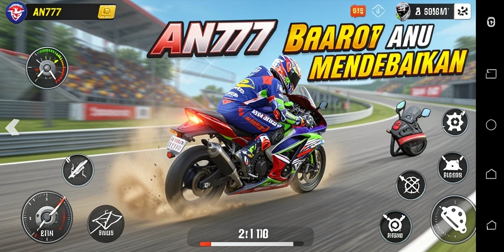 Gameplay AN777 yang mendebarkan dengan lintasan balap yang menantang.