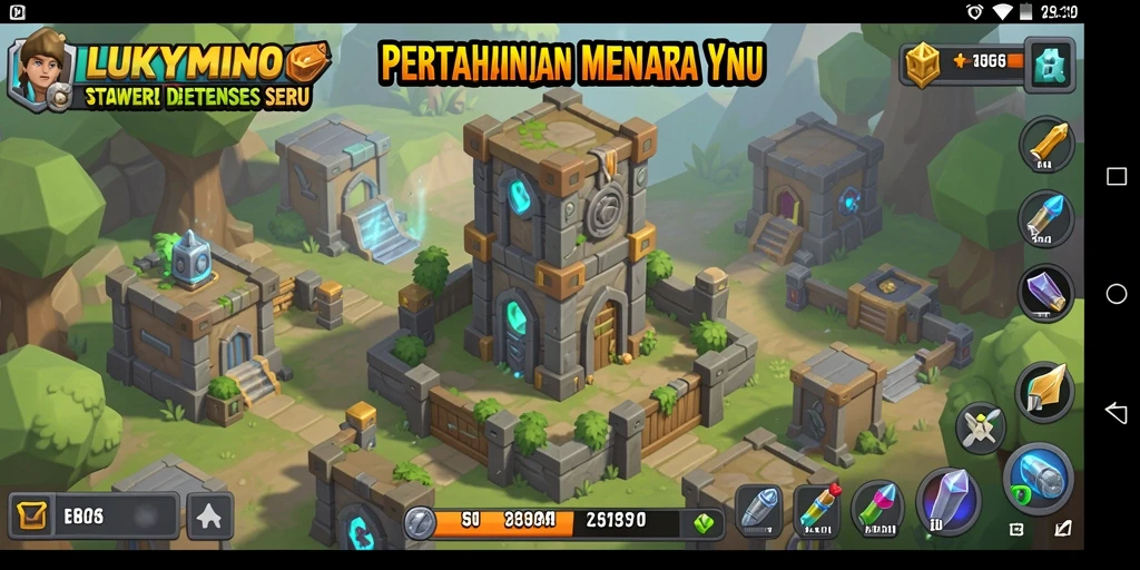Tangkapan layar gameplay LUKYMINO menampilkan pertempuran menara yang seru.