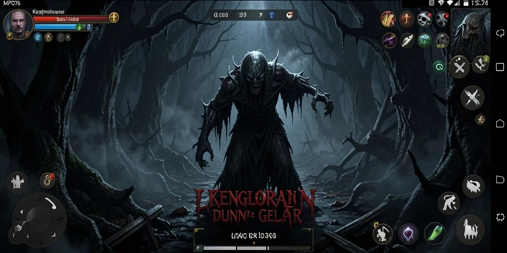 Tangkapan layar MPO76 dengan suasana gelap yang menakutkan dan monster mengerikan.