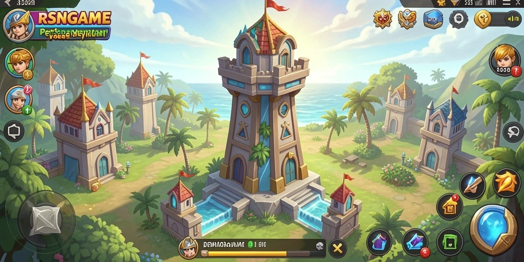 Screenshot utama RSNGAME menampilkan aksi menyerang menara Tower Defense.