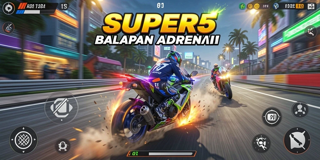 Screenshot gameplay SUPER5 menampilkan balapan motor yang intens.